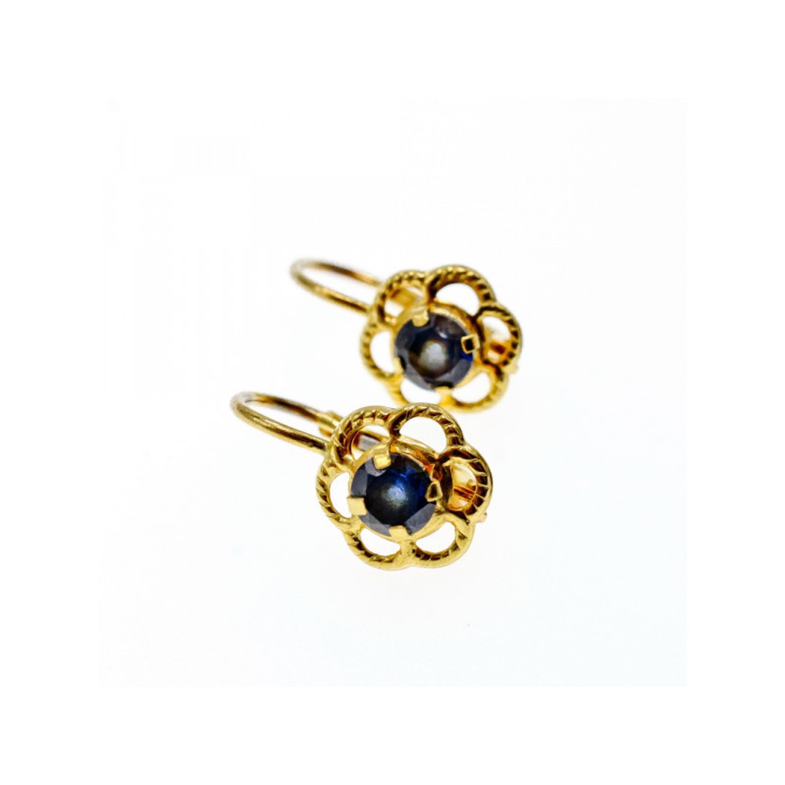 18k Yellow Gold Blue Spinel Flowers Earrings Italy